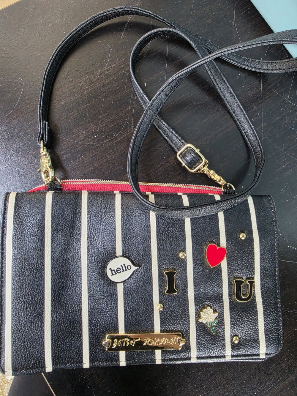 New With Defects Betsey Johnson Black and White Striped Crossbody